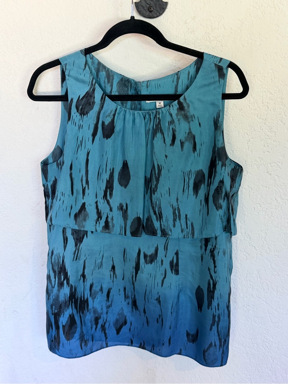 CAbi Serene Ombré Tiered Silk Tank 142 Teal Blue Black Abstract Blouse Medium
